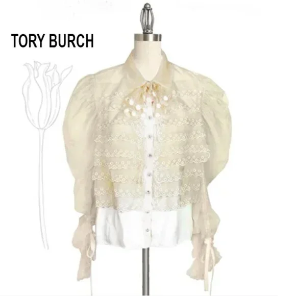 TORY BURCH Cream Victorian Style Ruffle Silk Long Sleeve Blouse - Picture 1 of 13